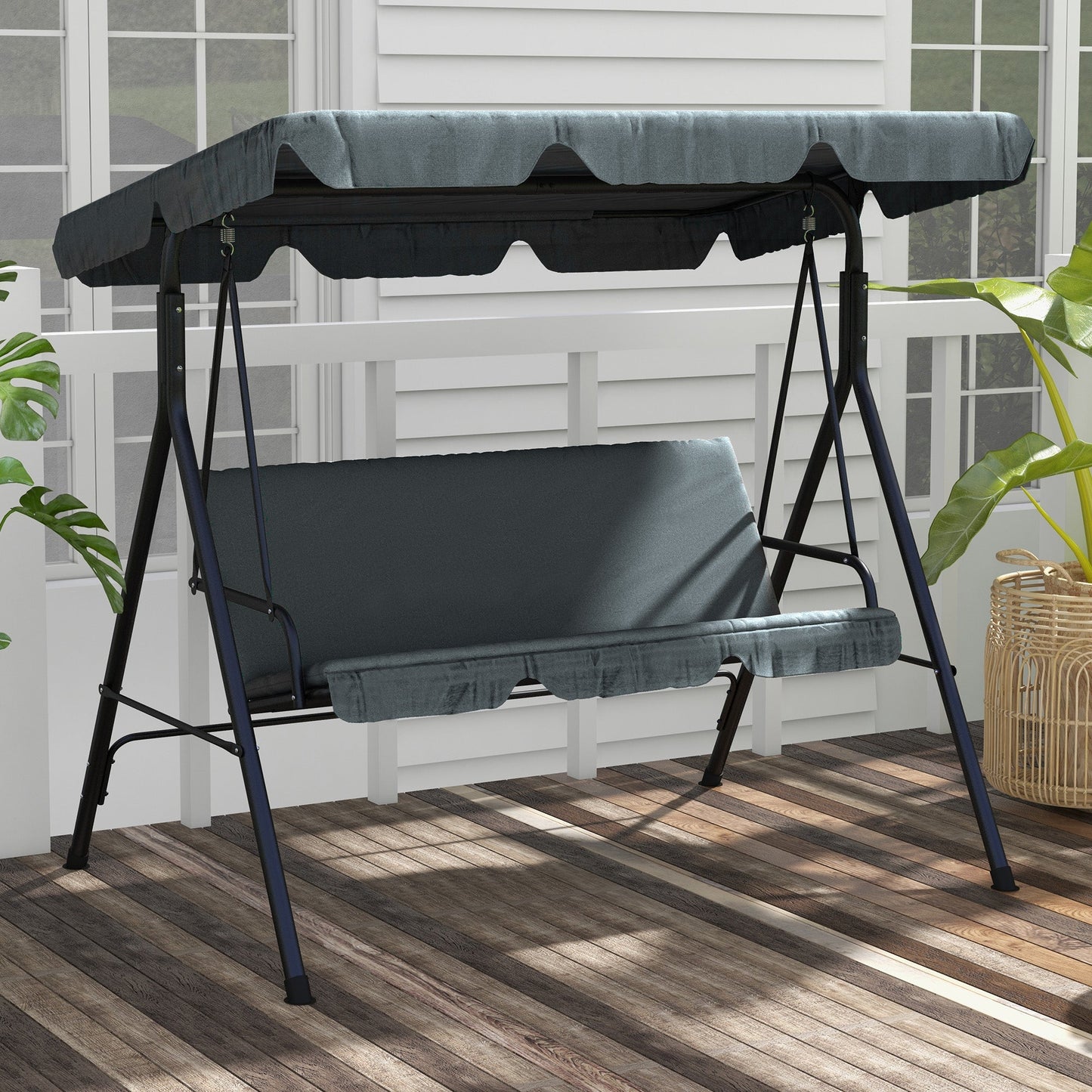 Outsunny 3-Seat Swing Chair Garden Swing Seat with Adjustable Canopy for Patio, Grey