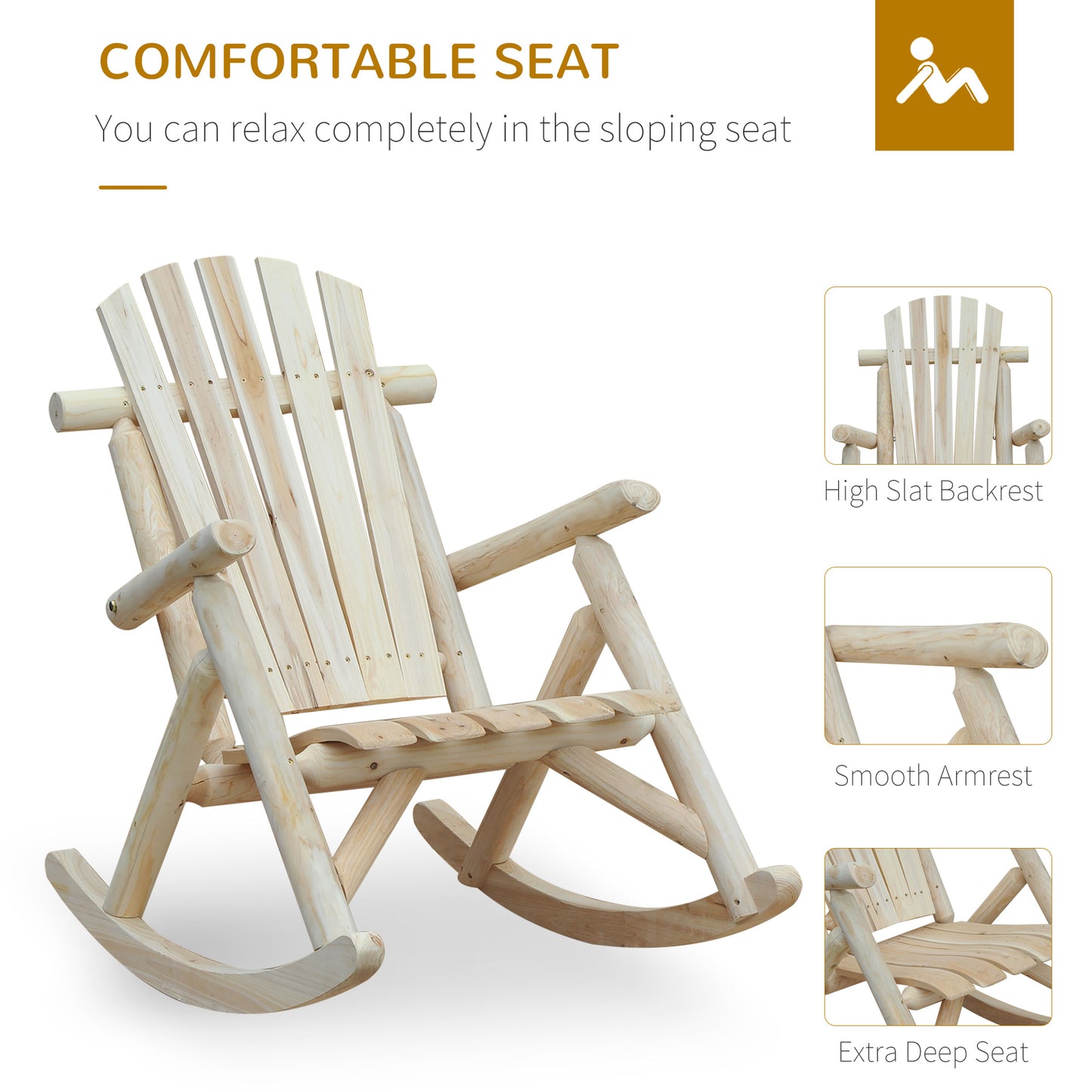 Outsunny 2-częściowy fotel Adirondack z drewna cedrowego, ergonomiczny fotel bujany, ganek, ogród, bujany, tradycyjny - Burlywood