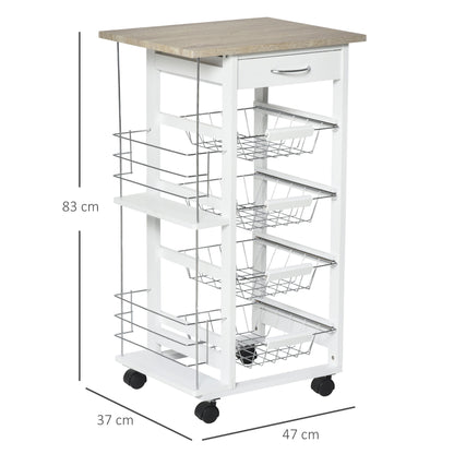 HOMCOM Rolling Kitchen Cart, Utility Storage Cart with 4 Basket Drawers & Side Racks, Wheels for Dining Room, Natural and White