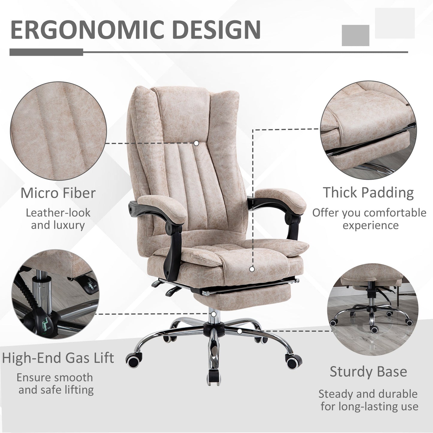 Vinsetto Home Office Chair Microfibre Desk Chair with Reclining Function Armrests Swivel Wheels Footrest Beige