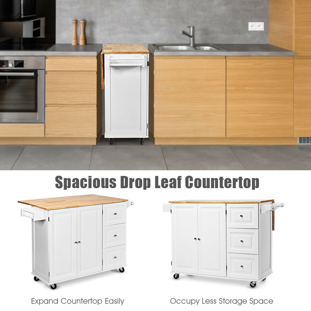 Kitchen Island Cart on Wheels with 3 Drawers and 2-door Cabinet-White