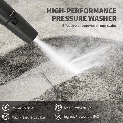 Outsunny 2200W HighÂ PressureÂ Washer, 170 Bar Pressure, 420 L/h Flow, Portable Electric Power Washer Jet Wash Cleaner with Adjustable Nozzle 6M Hose and Hose Reel for Home Patio Car Driveway