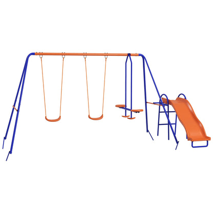 Outsunny Four-In-One Metal Garden Swing Set, with Double Swings, Glider, Slider, Ladder - Orange and Blue