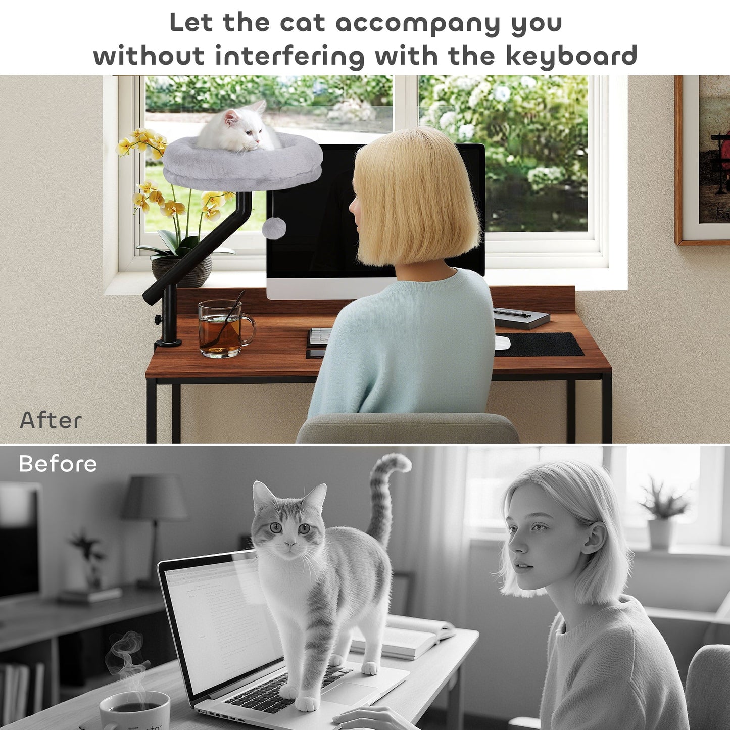 PawHut Cat Desk Bed, Cat Hammock 360 Rotatable Adjustable for Window, Table, Work, Grey