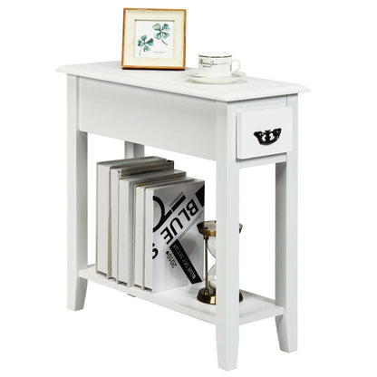 2-Tier Bedside Table with Drawer and Storage Shelf-White