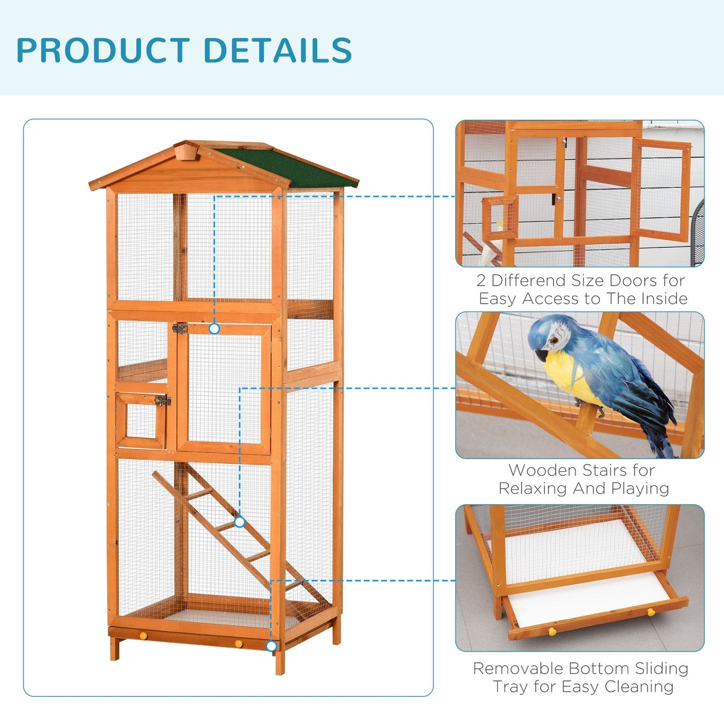 PawHut Wooden Bird Aviary Cages Outdoor Finches Birdcage with Pull Out Tray 2 Doors, Orange