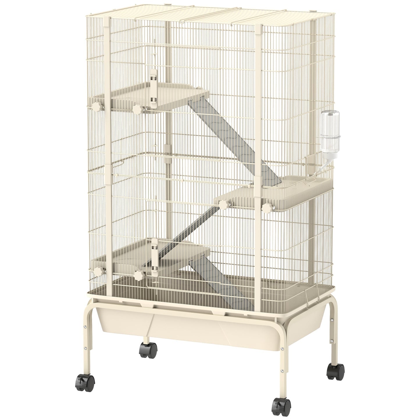 PawHut 4-Level Rolling Small Animal Cage, Rabbit Cage with 3 Ramps, Water Bottle, Food Dish, 15cm Deep Tray, Beige