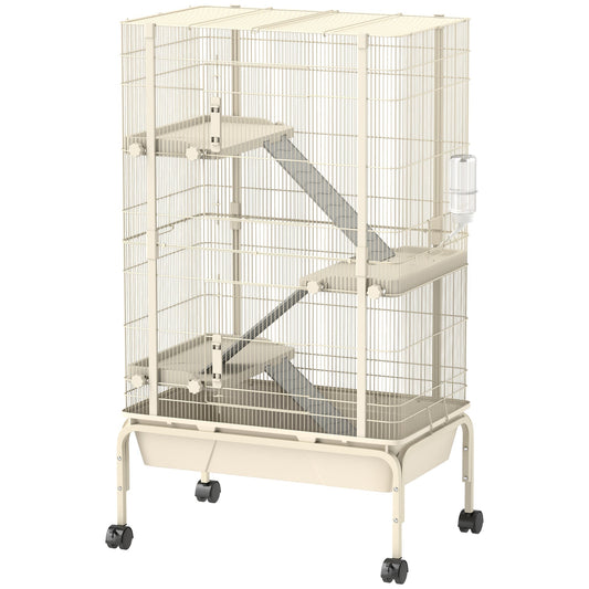 PawHut 4-Level Rolling Small Animal Cage, Rabbit Cage with 3 Ramps, Water Bottle, Food Dish, 15cm Deep Tray, Beige