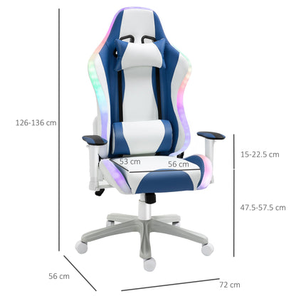 Vinsetto Video Game Chair with RGB LED Light, Bluetooth Speakers Music Racing Gaming Chair PU Leather 360° Swivel with Headrest Pillow, White