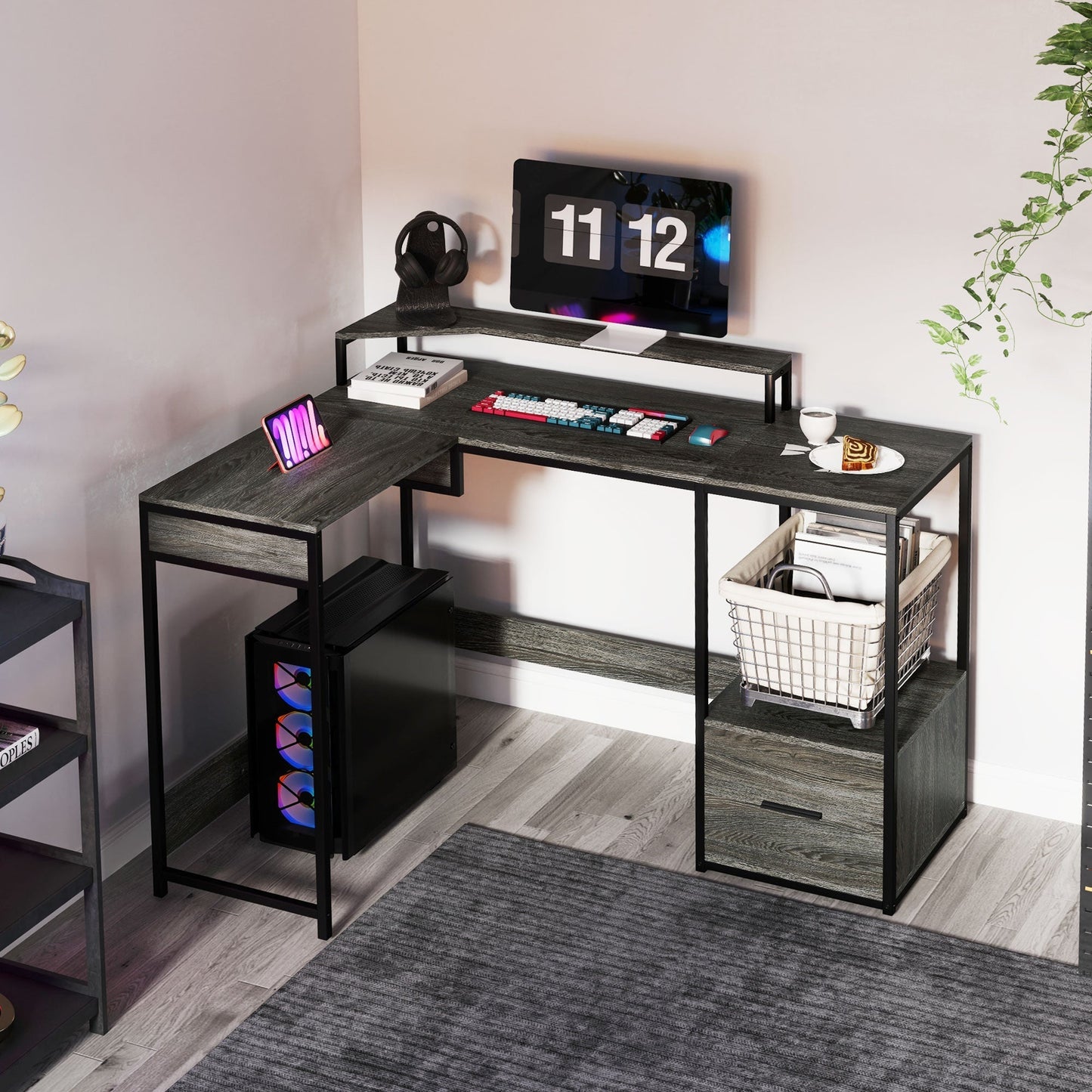 HOMCOM Industrial 'L' Shaped Multi-Work Desk - Charcoal Grey