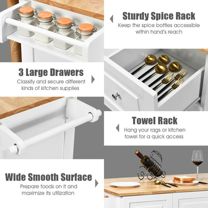 Kitchen Island Cart on Wheels with 3 Drawers and 2-door Cabinet-White