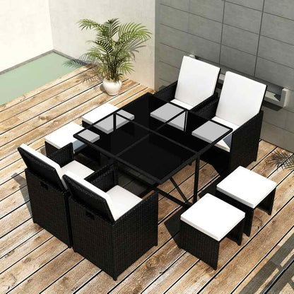 vidaXL 9 Piece Outdoor Dining Set with Cushions Poly Rattan Black 1