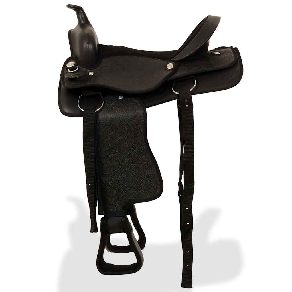 91353 vidaXL Western Saddle, Headstall&Breast Collar Real Leather 16" Black 4