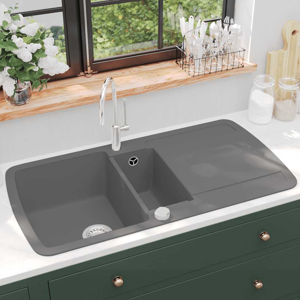 vidaXL Granite Kitchen Sink Double Basin Grey 1