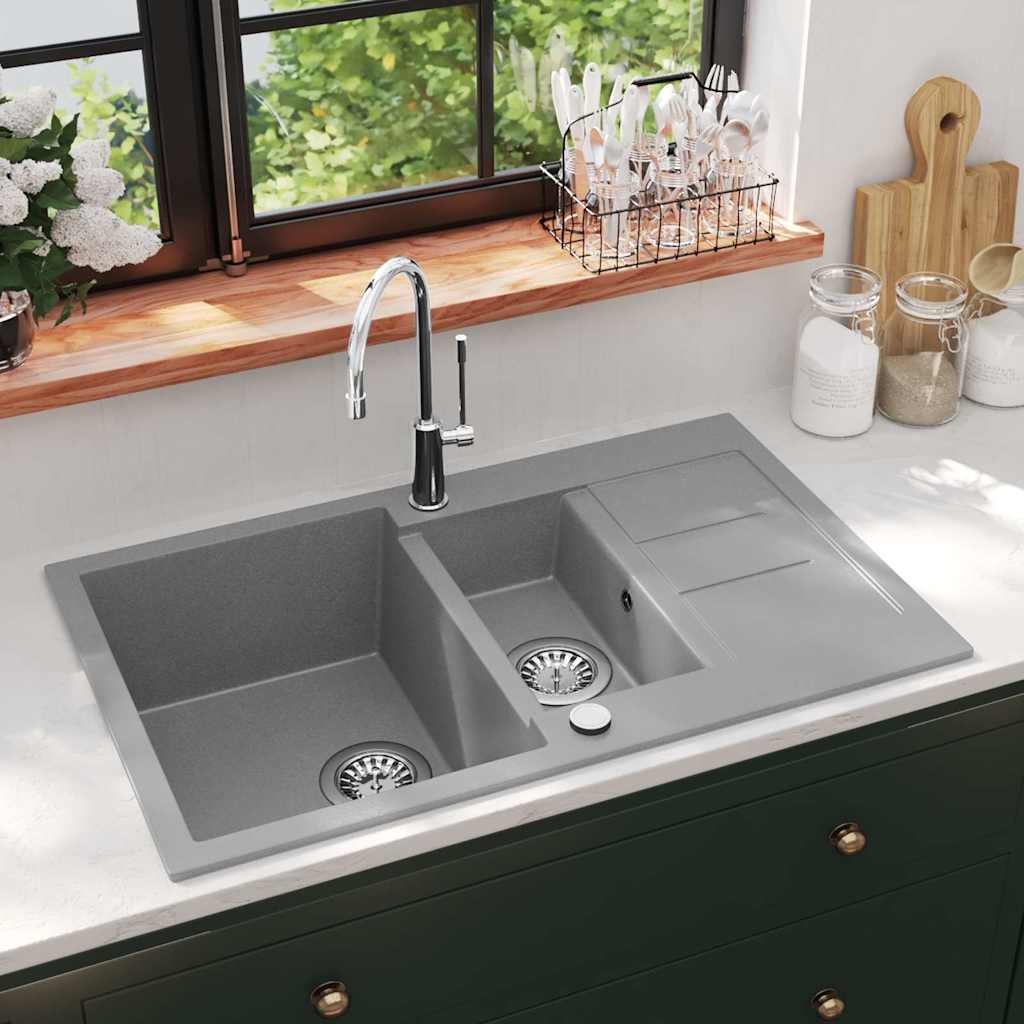 vidaXL Granite Kitchen Sink Double Basin Grey 1