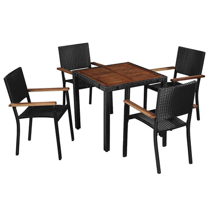5 Piece Outdoor Dining Set Poly Rattan and Acacia Wood Black 4
