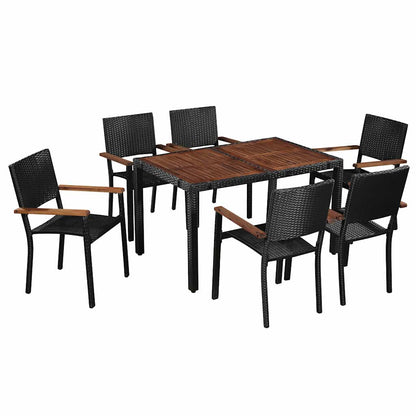 vidaXL 7 Piece Outdoor Dining Set Poly Rattan and Acacia Wood Black 1