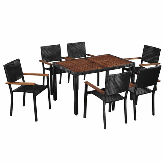 vidaXL 7 Piece Outdoor Dining Set Poly Rattan and Acacia Wood Black 1