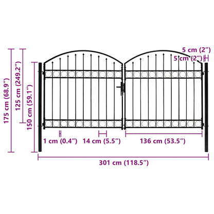 vidaXL Fence Gate "ASSEN" Double Door with Arched Top Steel 300x125 cm 5