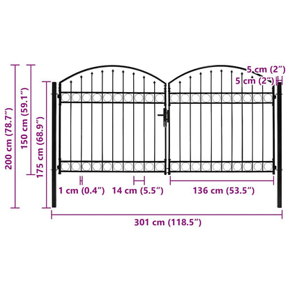vidaXL Fence Gate "ASSEN" Double Door with Arched Top Steel 300x150 cm 5