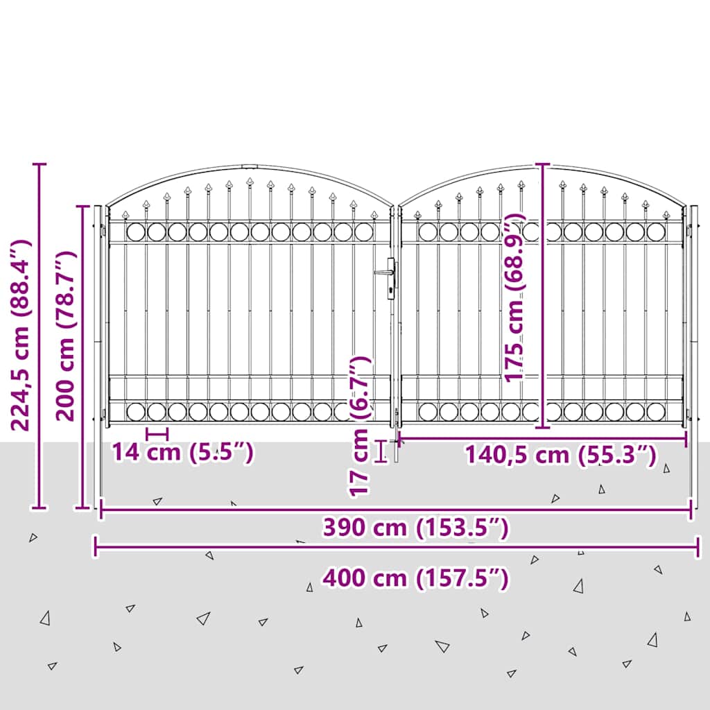 vidaXL Fence Gate "ASSEN" Double Door with Arched Top Steel 400x175 cm 5