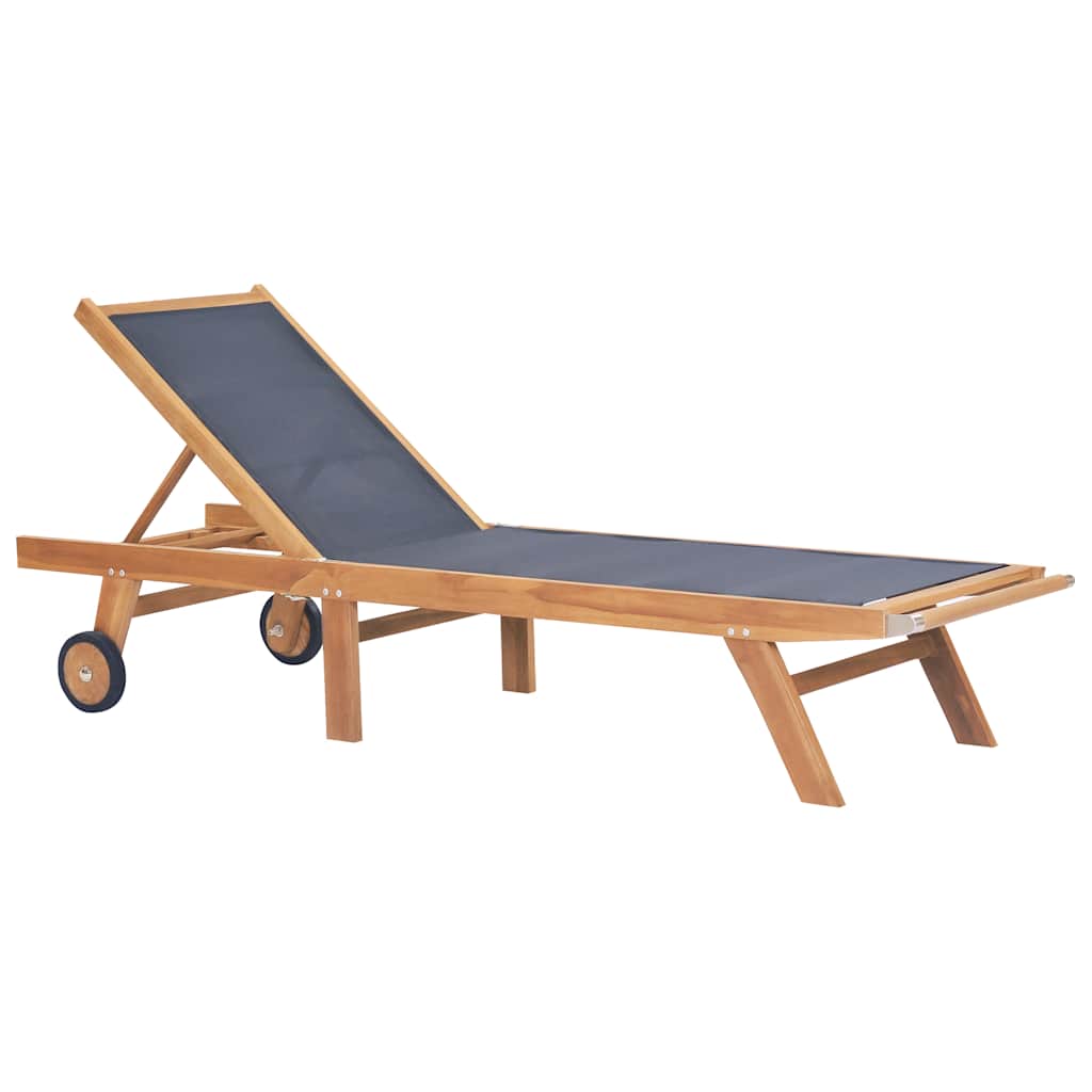 44668 vidaXL Folding Sun Lounger with Wheels Solid Teak and Textilene 1