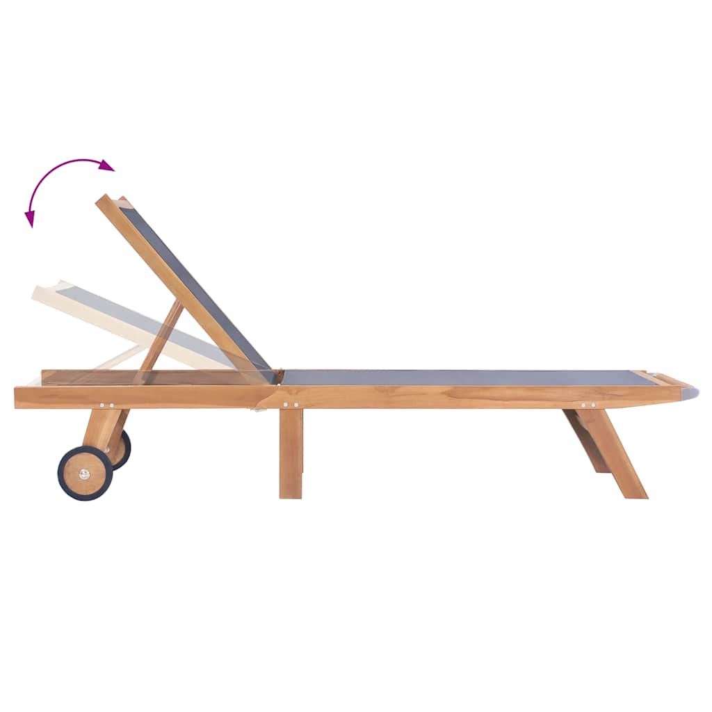 44668 vidaXL Folding Sun Lounger with Wheels Solid Teak and Textilene 4