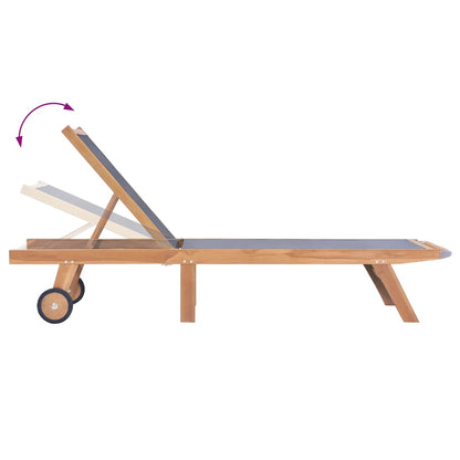 44668 vidaXL Folding Sun Lounger with Wheels Solid Teak and Textilene 4