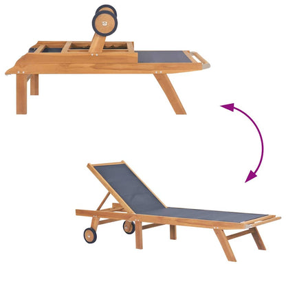 44668 vidaXL Folding Sun Lounger with Wheels Solid Teak and Textilene 5