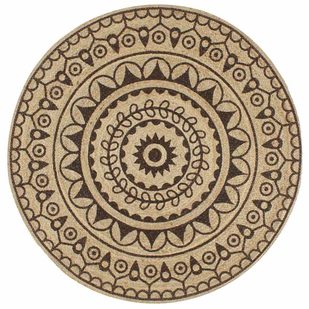 Handmade Rug Jute with White Print 120 cm Brown flower pattern