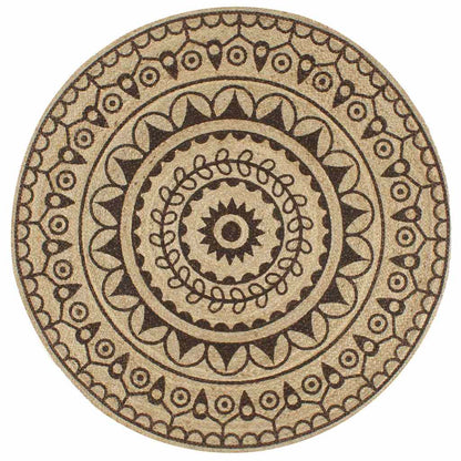 Handmade Rug Jute with White Print 120 cm Brown flower pattern