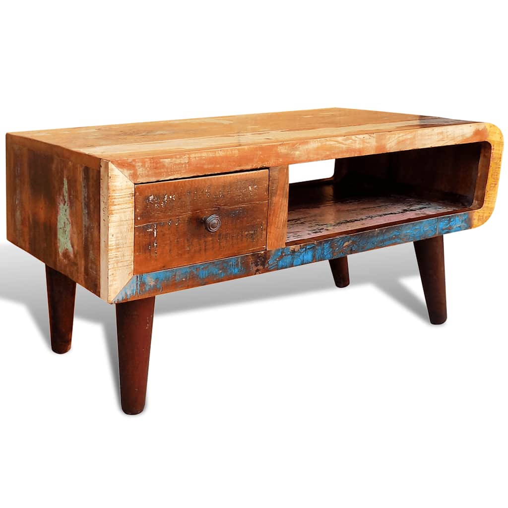 vidaXL Coffee Table with Curved Edge 1 Drawer Reclaimed Wood 3