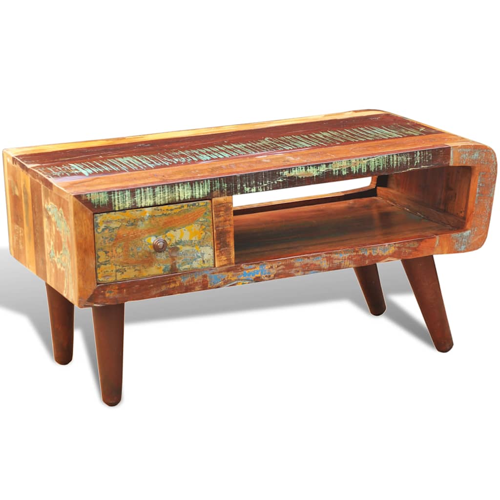 vidaXL Coffee Table with Curved Edge 1 Drawer Reclaimed Wood 4