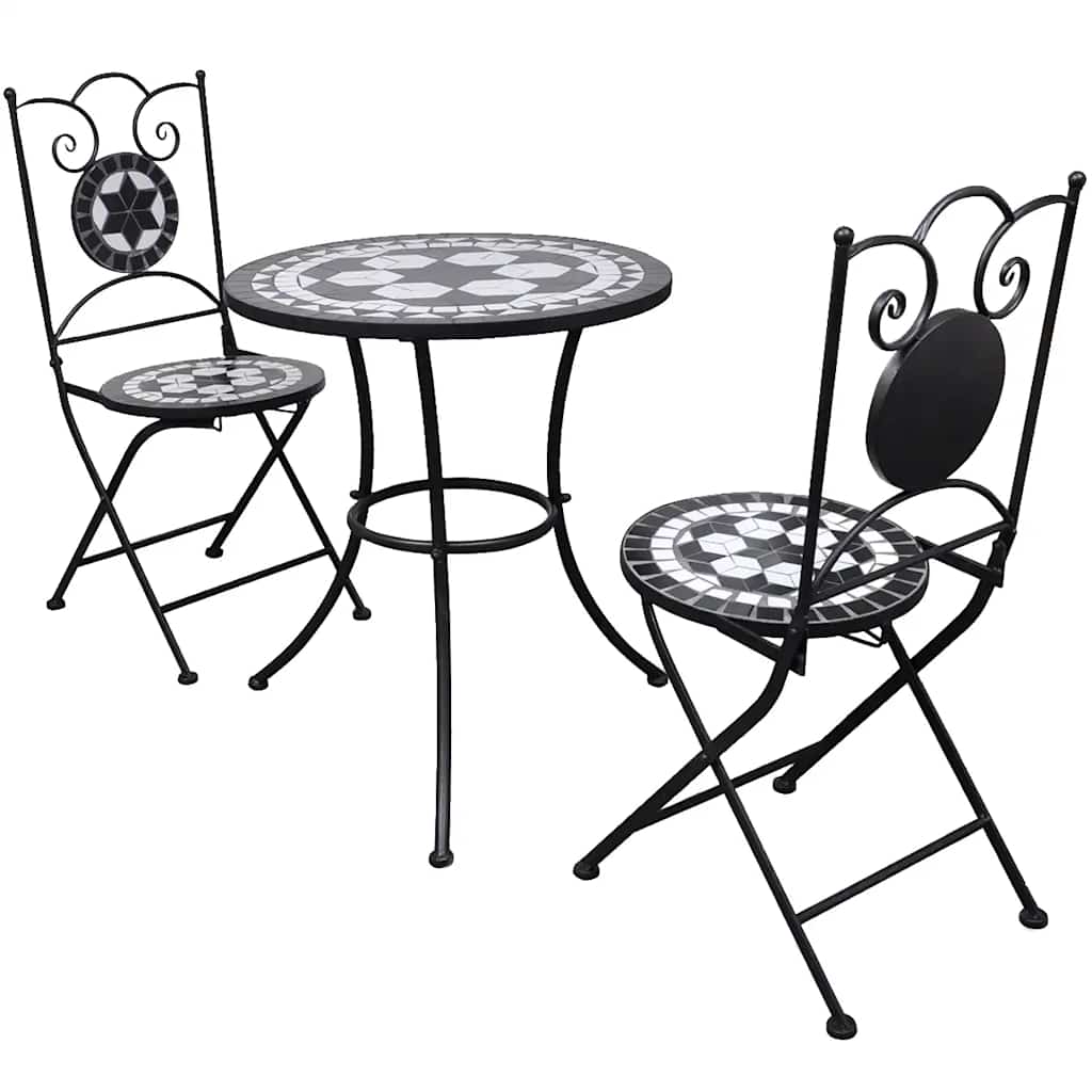 3 Piece Bistro Set Ceramic Tile Black and white Round