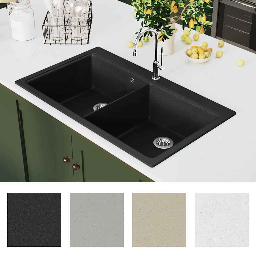 vidaXL Overmount Kitchen Sink Double Basin Granite Black 3