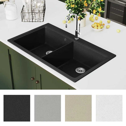 vidaXL Overmount Kitchen Sink Double Basin Granite Black 3