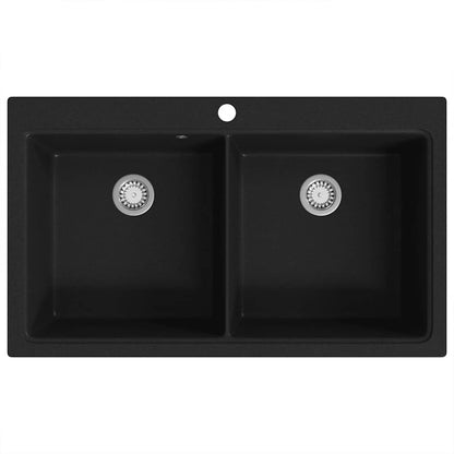 vidaXL Overmount Kitchen Sink Double Basin Granite Black 6