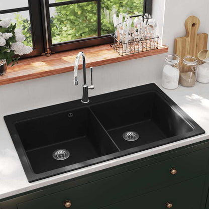 vidaXL Overmount Kitchen Sink Double Basin Granite Black 1