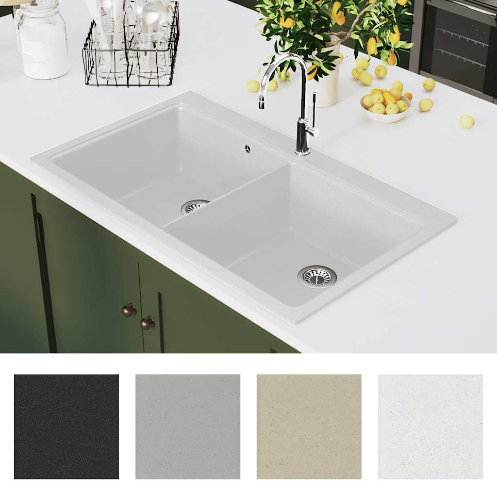 vidaXL Overmount Kitchen Sink Double Basin Granite White 6