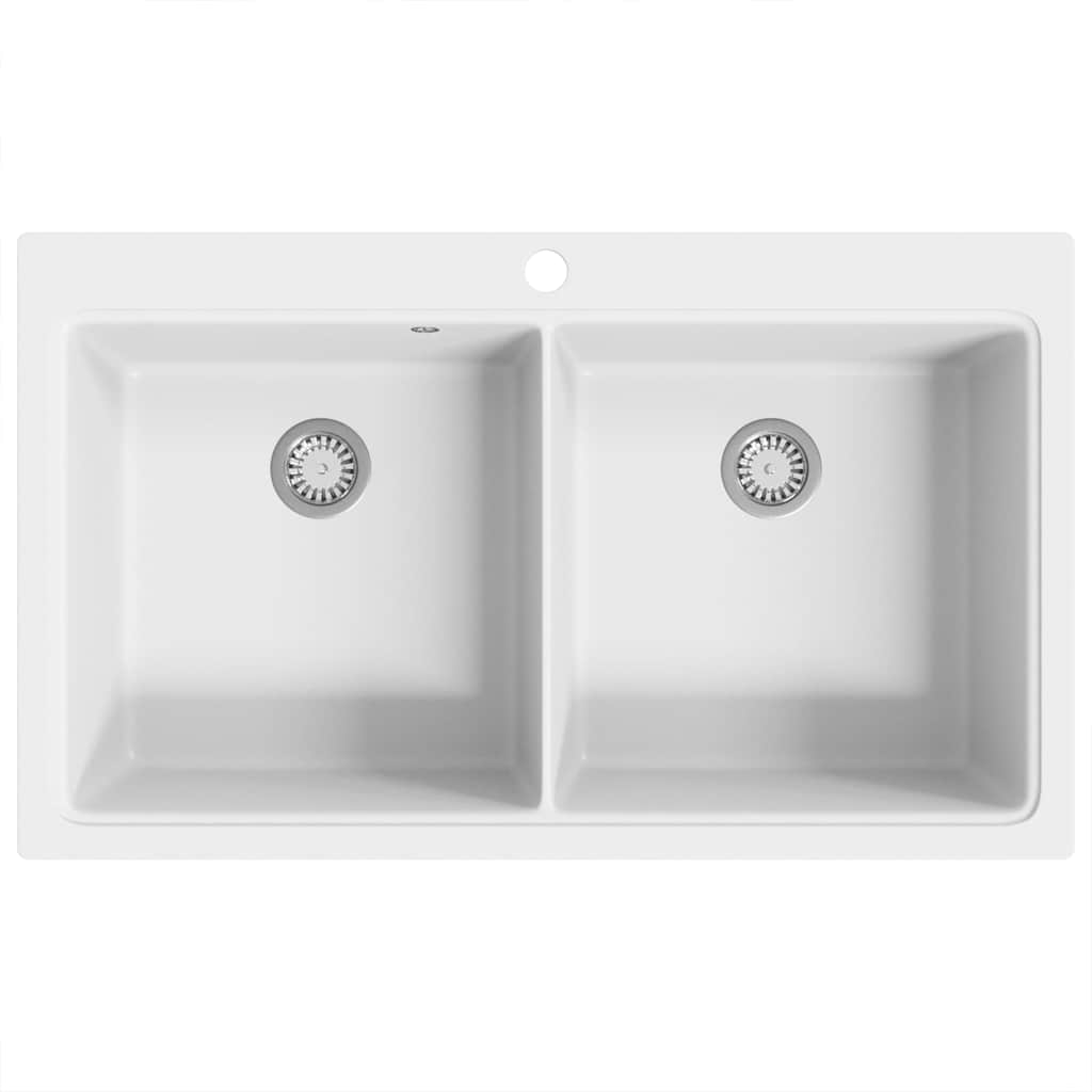 vidaXL Overmount Kitchen Sink Double Basin Granite White 5