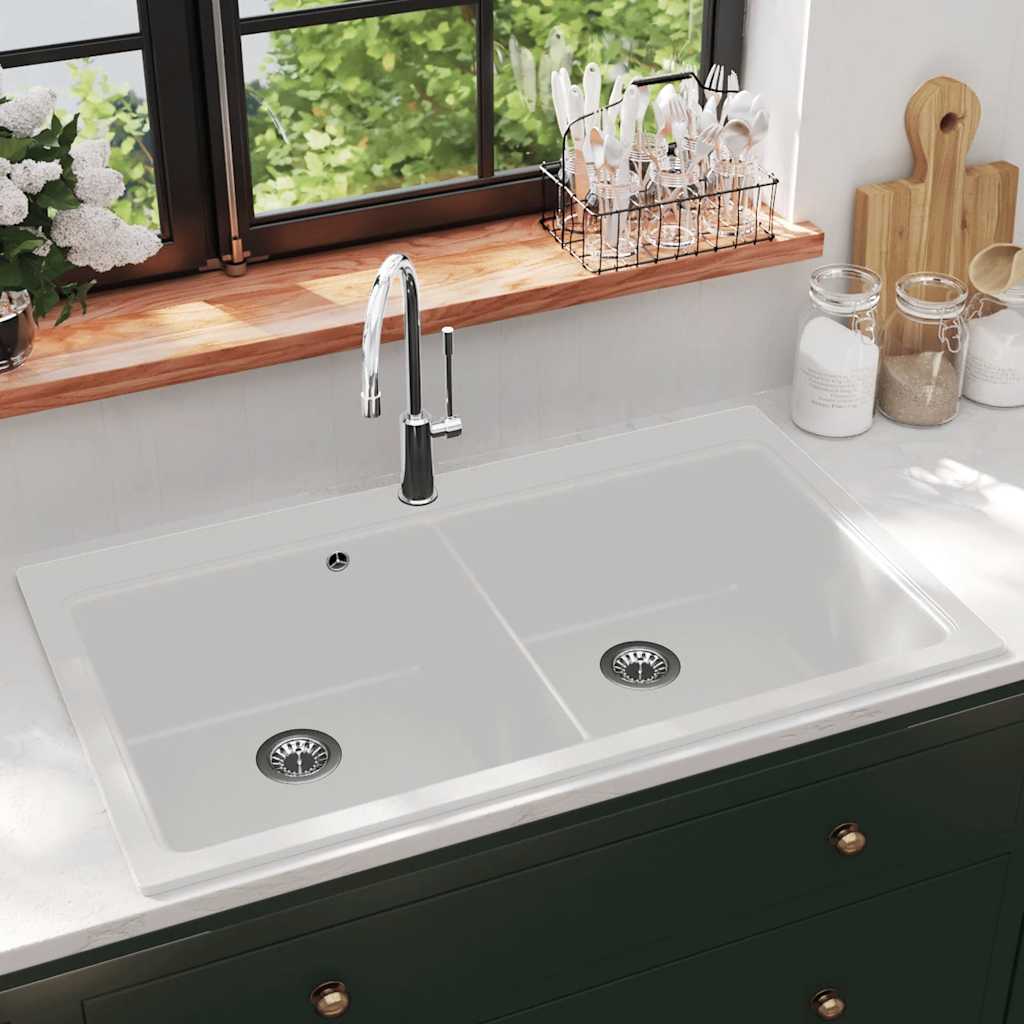 vidaXL Overmount Kitchen Sink Double Basin Granite White 1