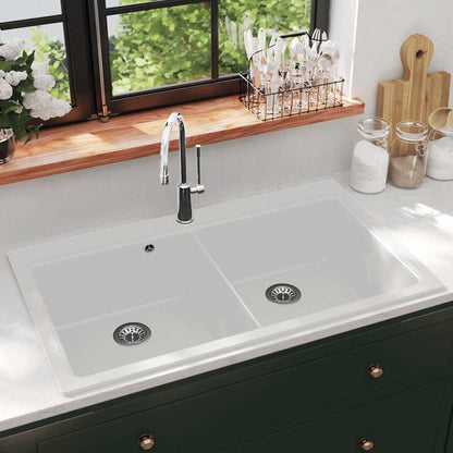 vidaXL Overmount Kitchen Sink Double Basin Granite White 1
