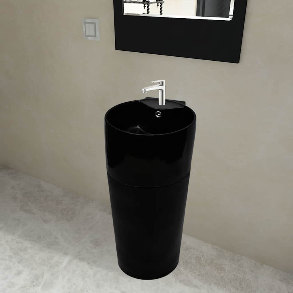 141943 Ceramic Stand Bathroom Sink Basin Faucet/Overflow Hole Black Round 1