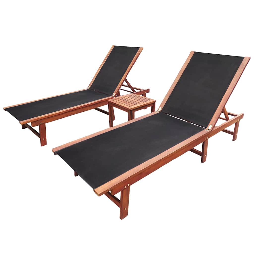 vidaXL Sun Loungers 2 pcs with Table Solid Acacia Wood and Textilene 1