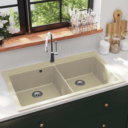 Overmount Kitchen Sink Double Basin Granite Beige