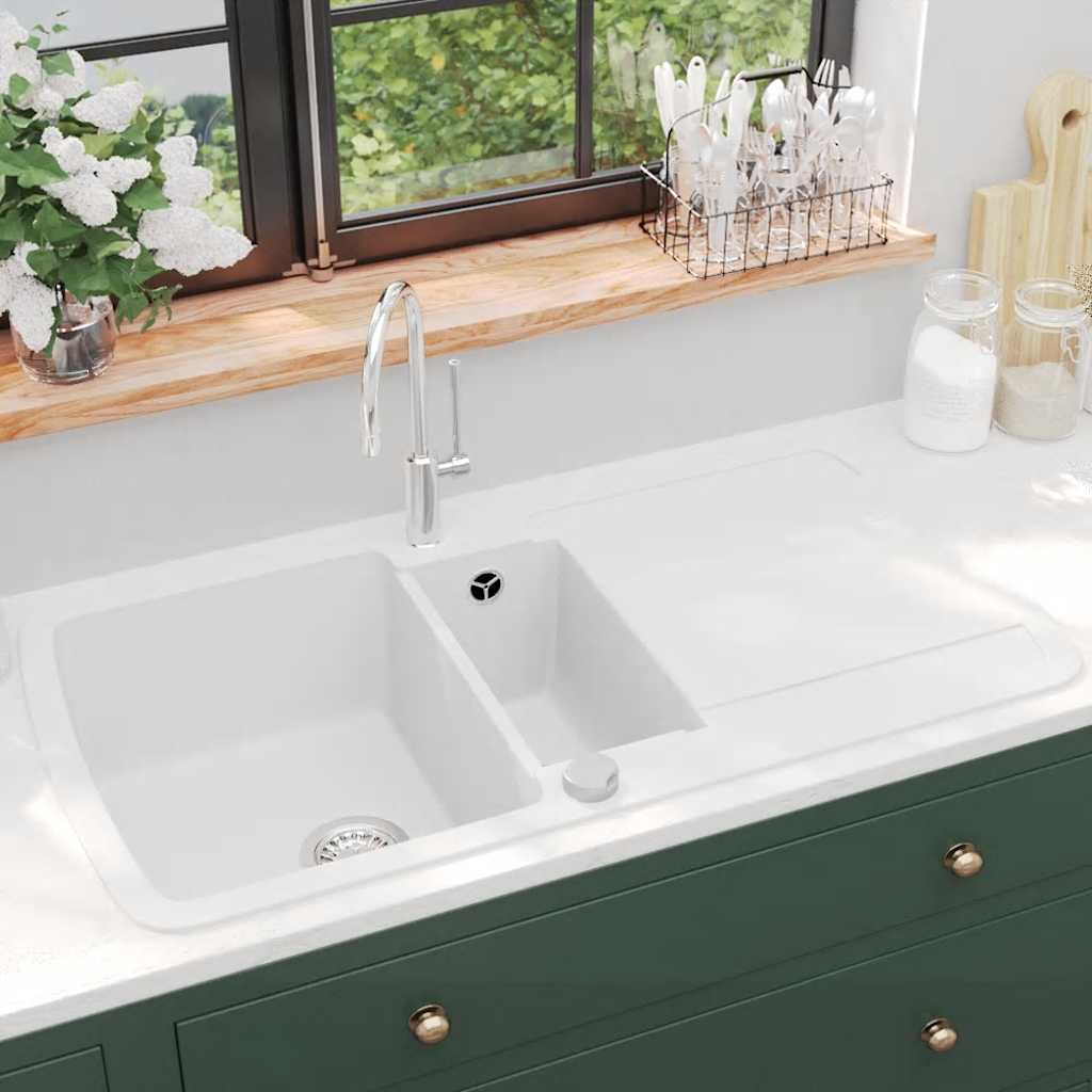 vidaXL Granite Kitchen Sink Double Basins White 1