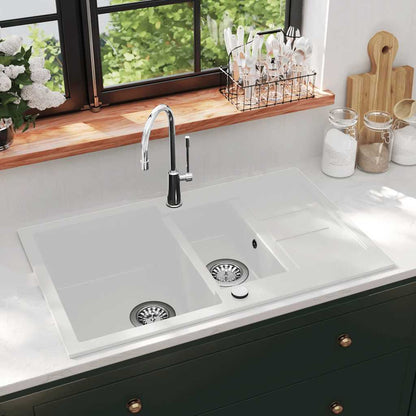 vidaXL Granite Kitchen Sink Double Basins White 1