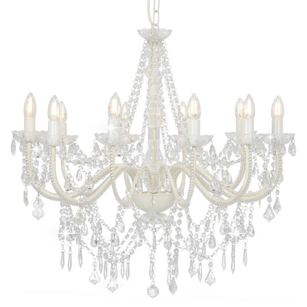 Chandelier with Beads 12 x E14 Bulbs White Ø 80 x 75 cm