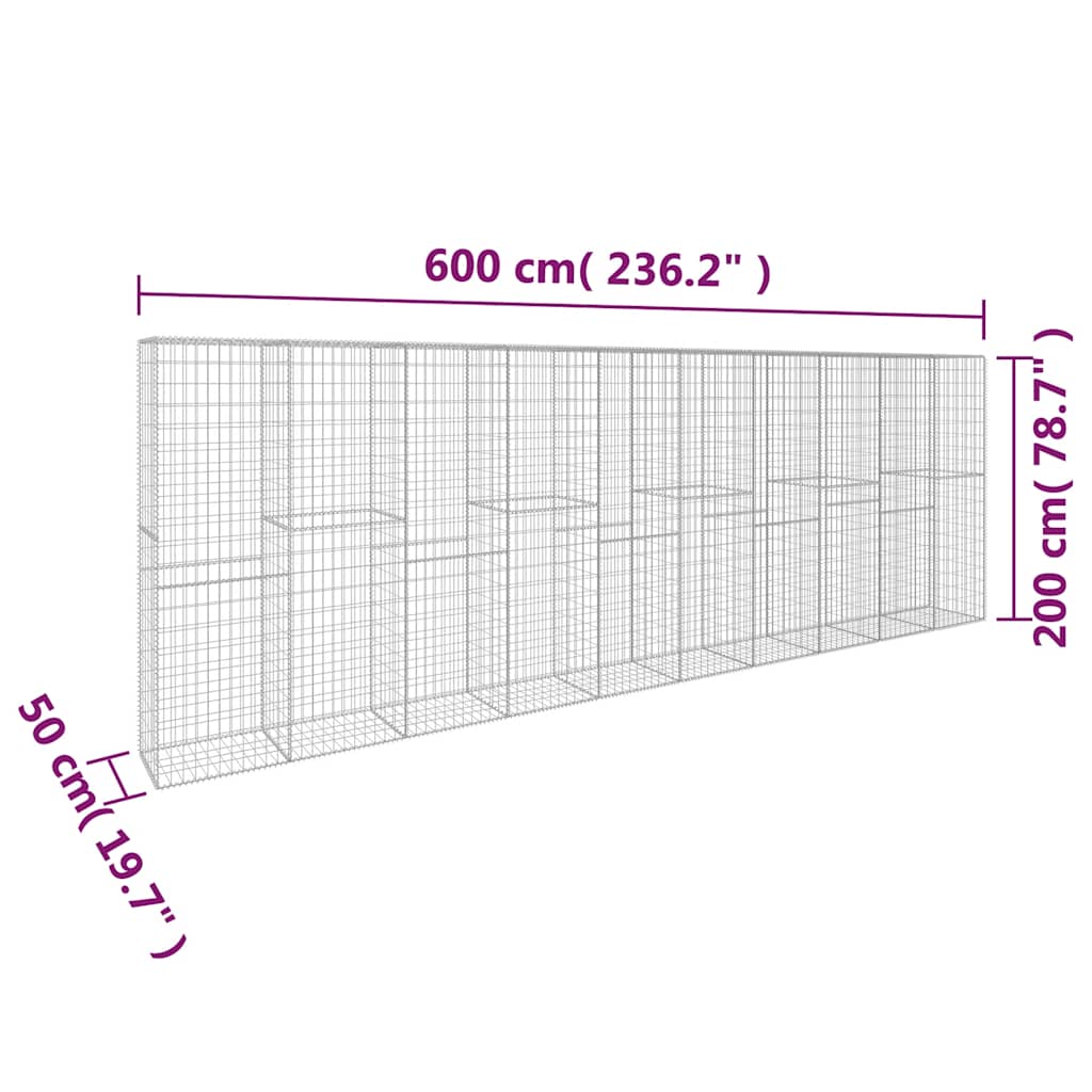vidaXL Gabion Wall with Cover Galvanised Steel 600x50x200 cm 6
