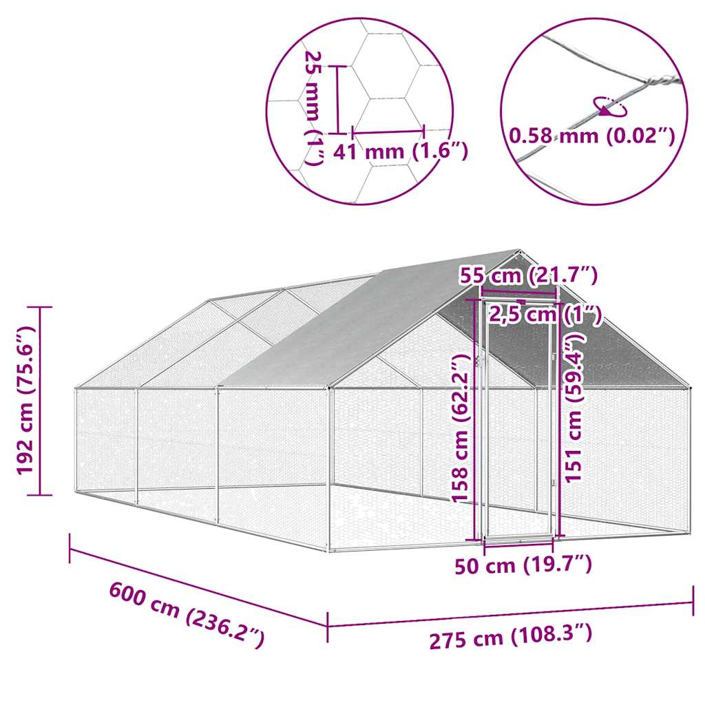 vidaXL Outdoor Chicken Cage 2.75x6x1.92 m Galvanised Steel 6